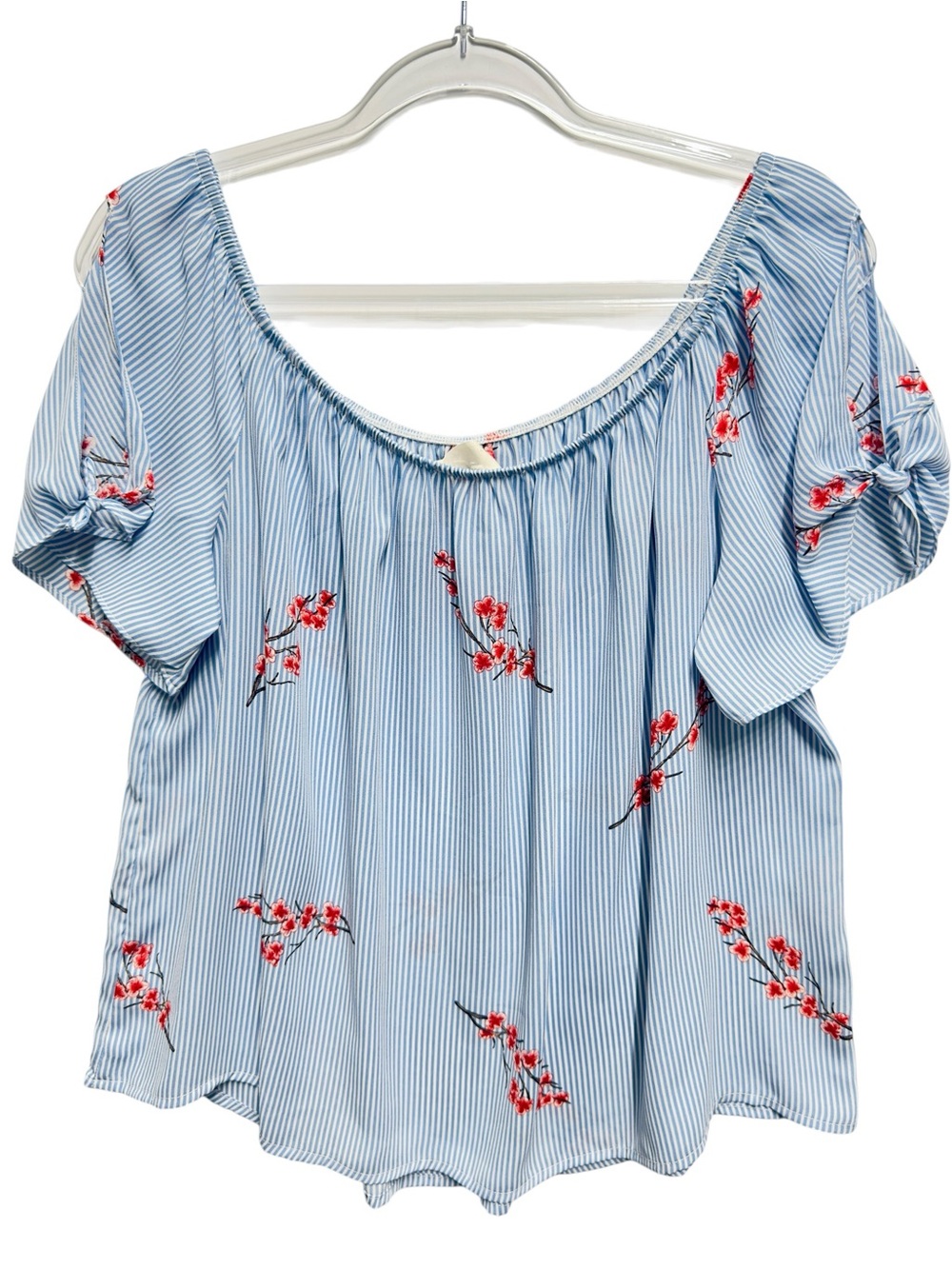 Satin Knit Pinstripe Floral Vines Off Shoulder Blouse Top - Picture 3 of 10